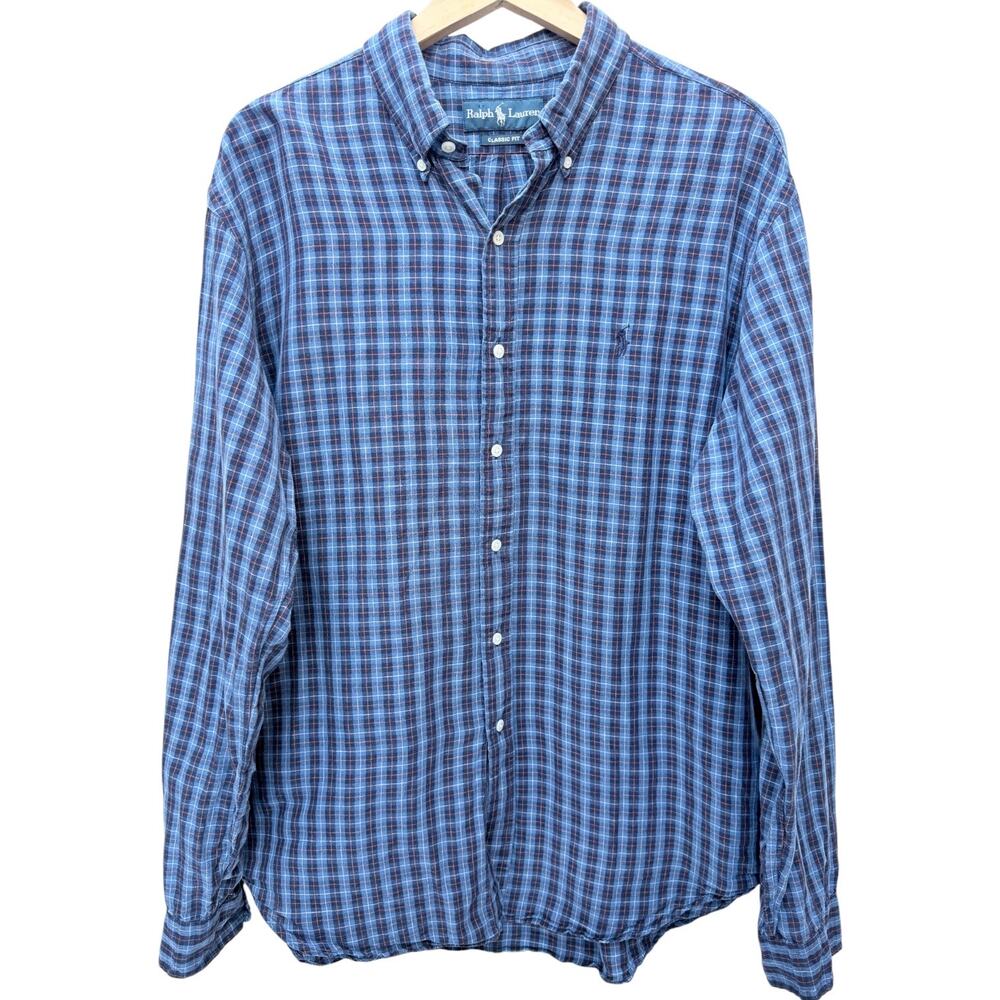 Ralph Lauren Mens Button Down Shirt Blue Plaid Classic Fit XL